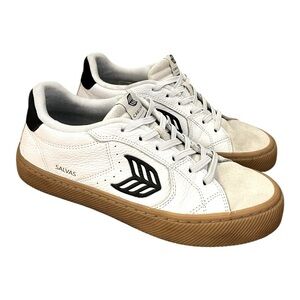 Cariuma Salvas White Leather and Suede Gum Sole Sneakers black logo 8.5